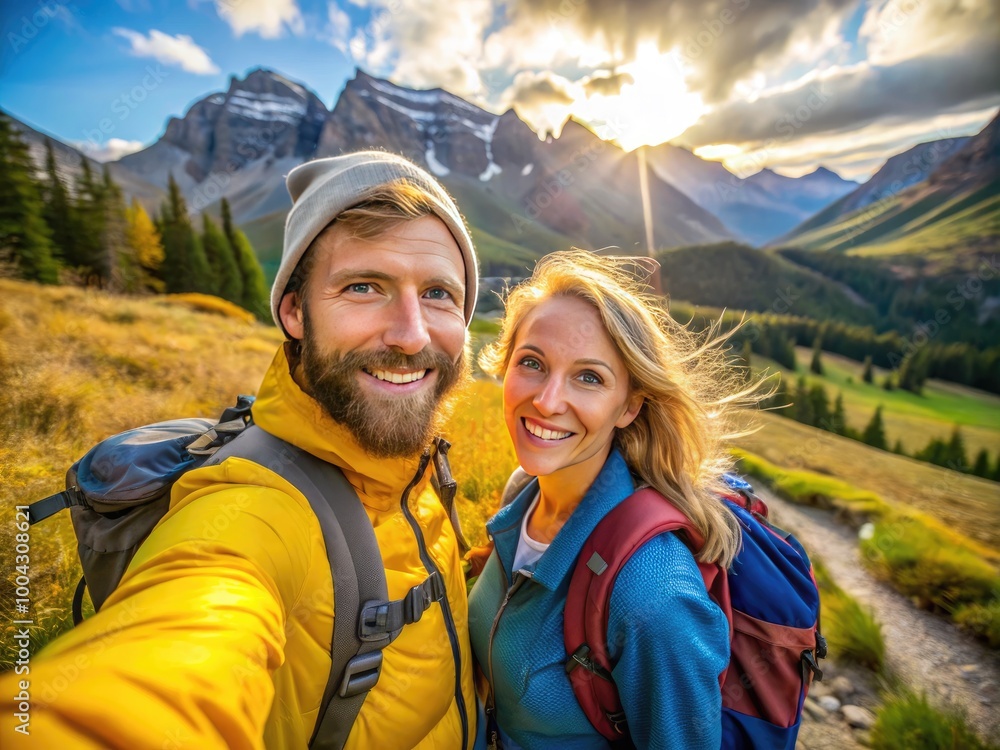 Joyful outdoor adventure of a couple hiking together in a scenic mountain landscape full of nature Joyful outdoor adventure of a couple hiking together in a scenic mountain landscape full of nature