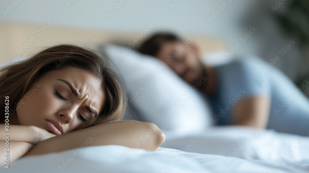 Upset young woman lying awake on her bed, gazing thoughtfully towards the ceiling while her husband peacefully sleeps beside her, highlighting her struggle with his snoring and the Upset young woman lying awake on her bed, gazing thoughtfully towards the ceiling while her husband peacefully sleeps beside her, highlighting her struggle with his snoring and the