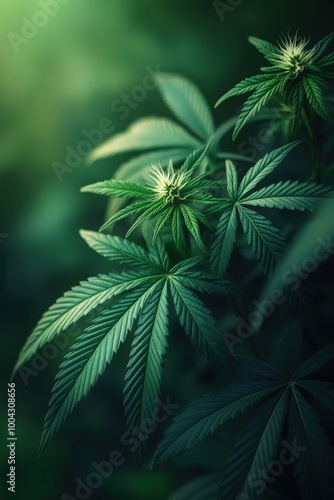 Close-up of vibrant cannabis leaves and buds in a serene setting