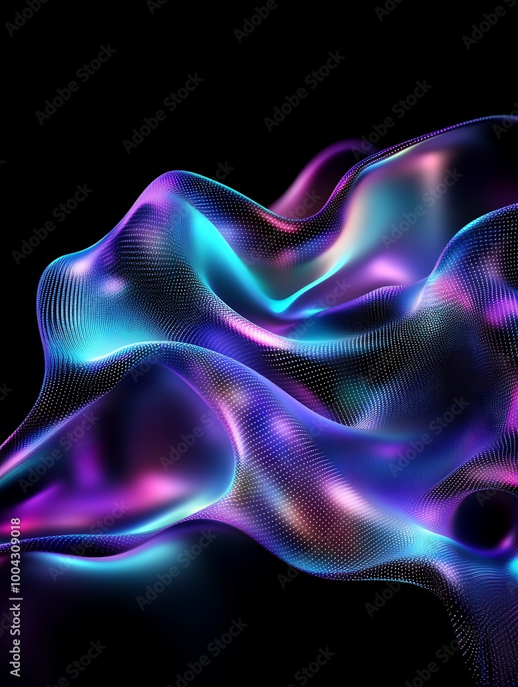 Obraz premium Colorful abstract waves of light flowing smoothly on a black background. A minimalist poster in metallic and chrome gradient style.