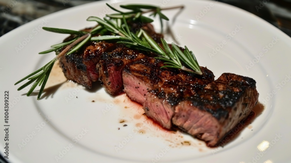 Succulent Grilled Ribeye Steak with Rosemary Garnish on a Plate Served in a Gourmet Restaurant Setting Succulent Grilled Ribeye Steak with Rosemary Garnish on a Plate Served in a Gourmet Restaurant Setting