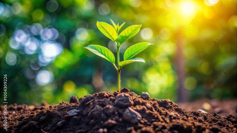 Vibrant young sapling growing in rich soil, symbolizing reforestation efforts to absorb CO2 Vibrant young sapling growing in rich soil, symbolizing reforestation efforts to absorb CO2