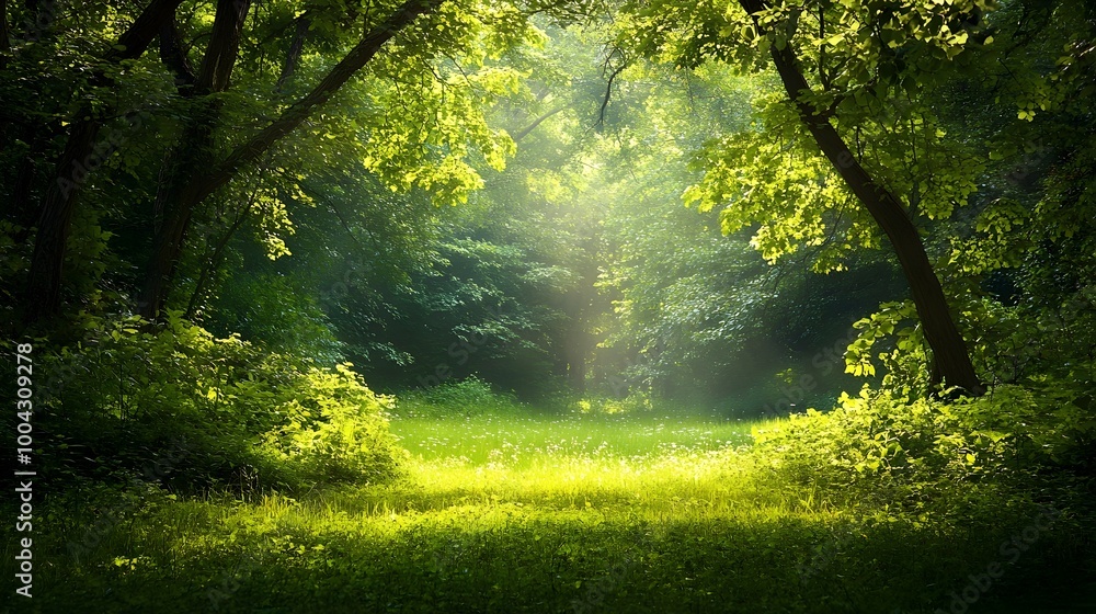 Obraz premium Serene Forest Clearing with Tranquil Nature Filled Scenery and Dappled Sunlight Filtering Through the Lush Green Foliage and Canopy