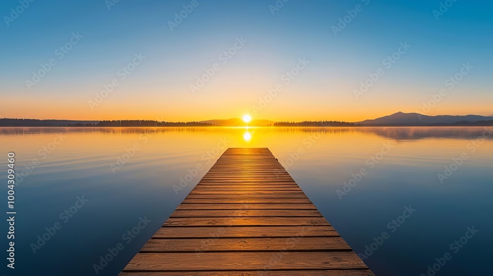 Serene Sunset Over a Pier Extending into a Calm Lake at Dusk Peaceful Nature Scene Serene Sunset Over a Pier Extending into a Calm Lake at Dusk Peaceful Nature Scene