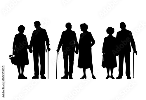 Vector illustration. An elderly couple of pensioners. A large set of people.	