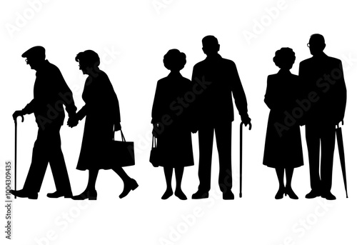 Vector illustration. An elderly couple of pensioners. A large set of people.	