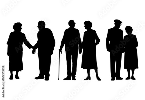 Vector illustration. An elderly couple of pensioners. A large set of people.	