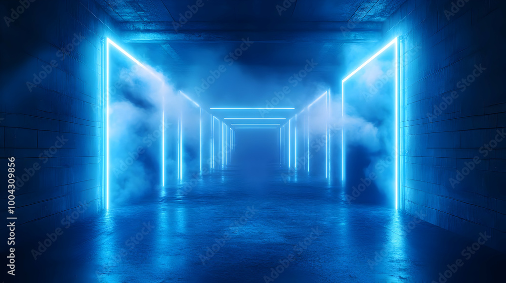 Blue Neon Lights in a Dark Concrete Hallway - 3D Illustration Blue Neon Lights in a Dark Concrete Hallway - 3D Illustration