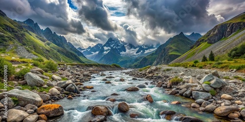 Mountain river flows between stones in the North Caucasus Karachay Cherkess Republic under a cloudy sky, selective focus photo