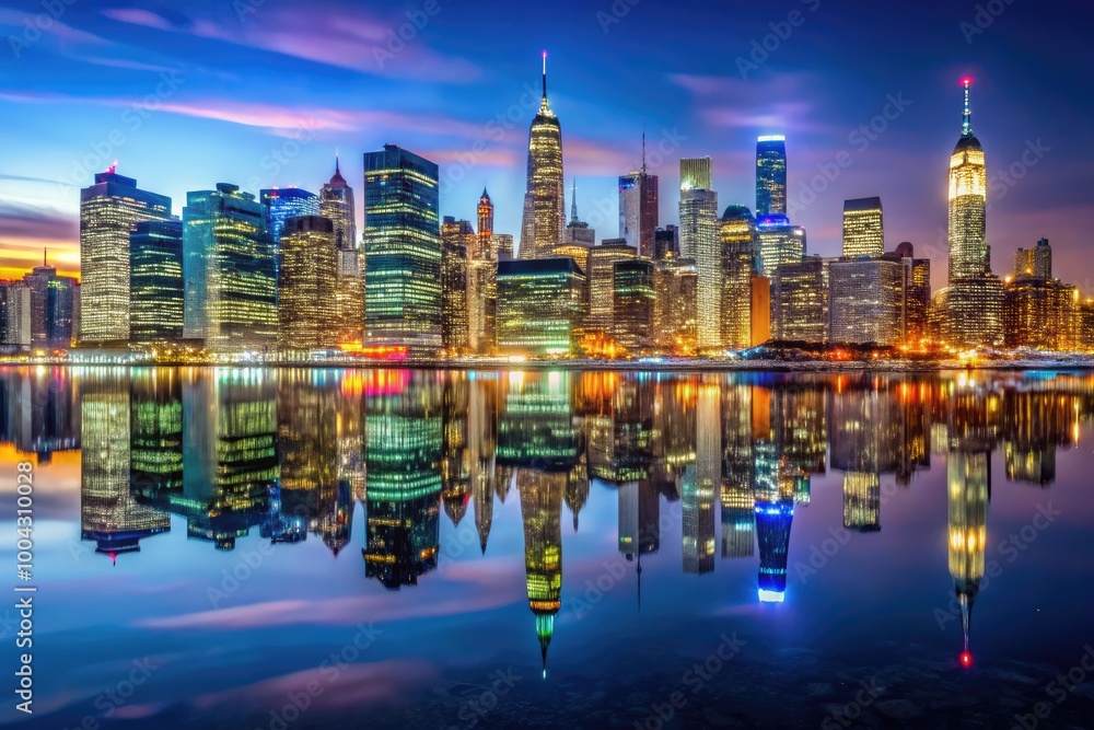 Naklejka premium Low Manhattan Skyline at Night with Hudson River Reflection in a Clear Winter Urban Panorama