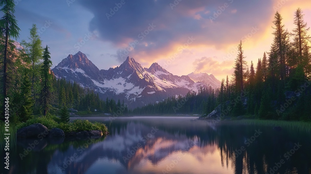 Serene mountain landscape with a reflective lake. Serene mountain landscape with a reflective lake.