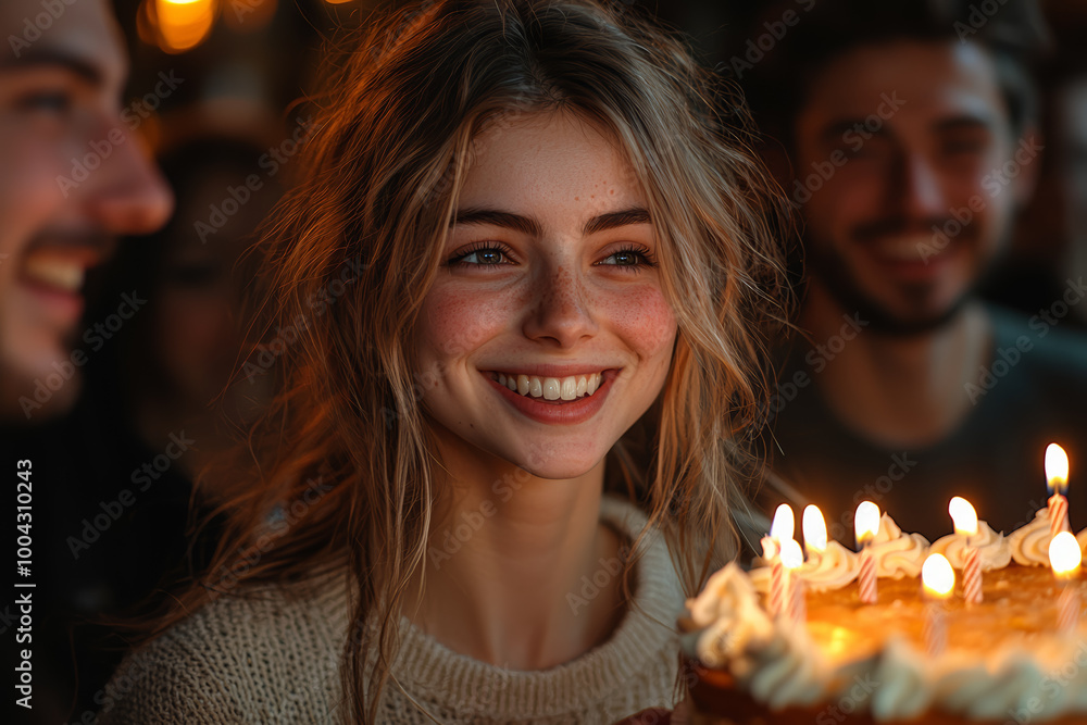 A group of close friends celebrating a birthday, laughing and sharing a cake at a cozy gathering. Concept of celebration. A group of close friends celebrating a birthday, laughing and sharing a cake at a cozy gathering. Concept of celebration.