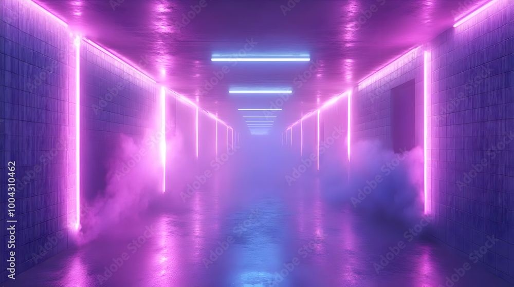 Neon Lights in a Foggy Corridor 3D Illustration Neon Lights in a Foggy Corridor 3D Illustration