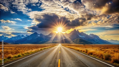 Vast Open Road Leading to Majestic Mountains under Bright Sun with Scattered Clouds