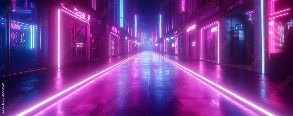 A Digital Cityscape with Neon Lights Reflecting on a Wet Street, Illuminated by Pink and Blue Neon Signs A Digital Cityscape with Neon Lights Reflecting on a Wet Street, Illuminated by Pink and Blue Neon Signs