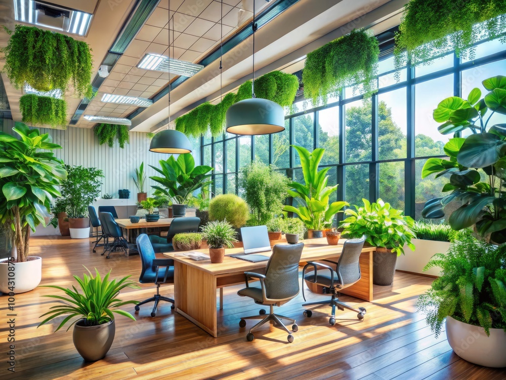 Obraz premium Lush Green Plants Brightening a Modern Office Space with Natural Light and Contemporary Decor