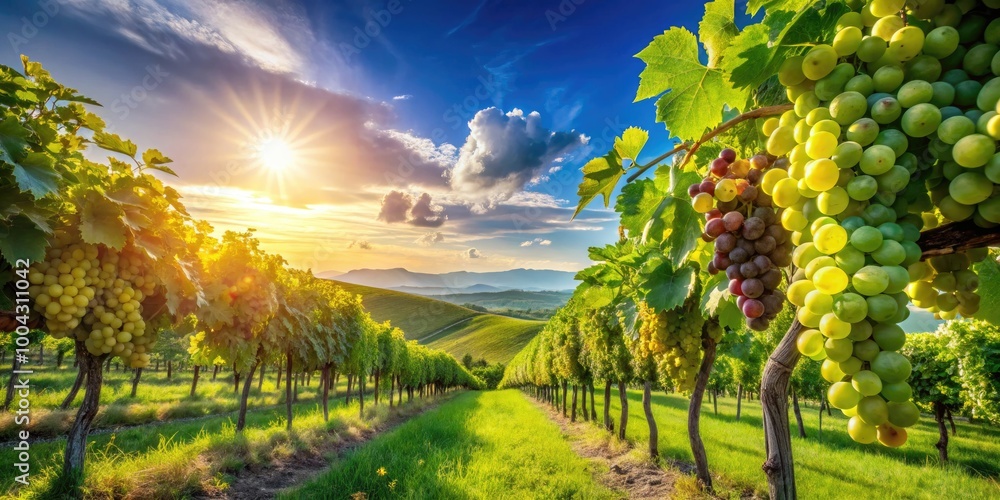 Naklejka premium Lush Green Vineyard with Ripe Grapes Hanging from Vines Under Bright Blue Sky in Beautiful Landscape