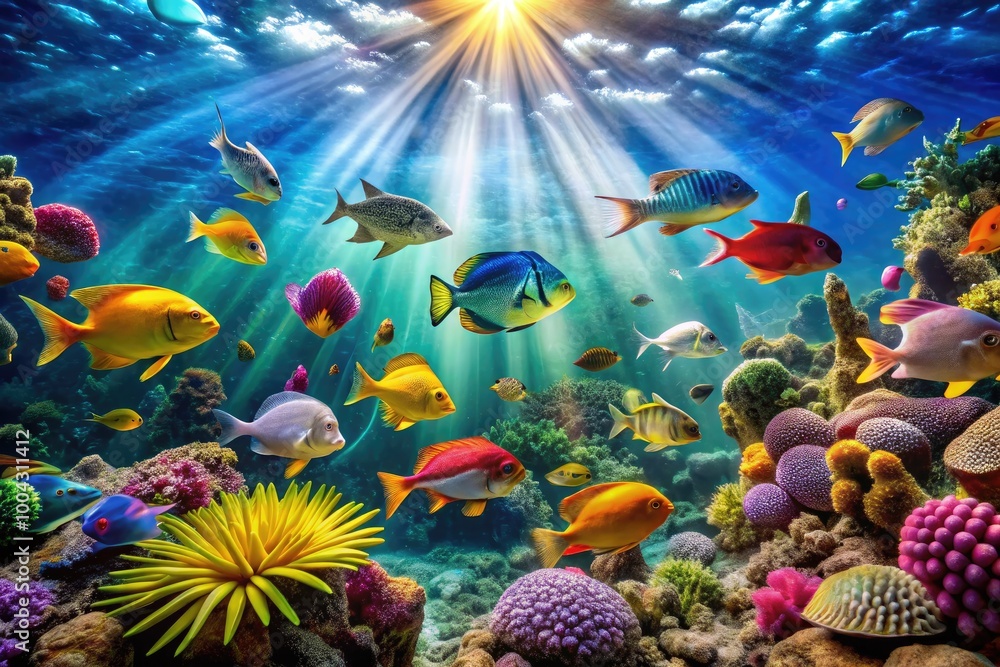 Lush Tropical Seabed Underwater Scene with Vibrant Reef, Colorful Fish and Sunlight Rays Streaming Down Lush Tropical Seabed Underwater Scene with Vibrant Reef, Colorful Fish and Sunlight Rays Streaming Down