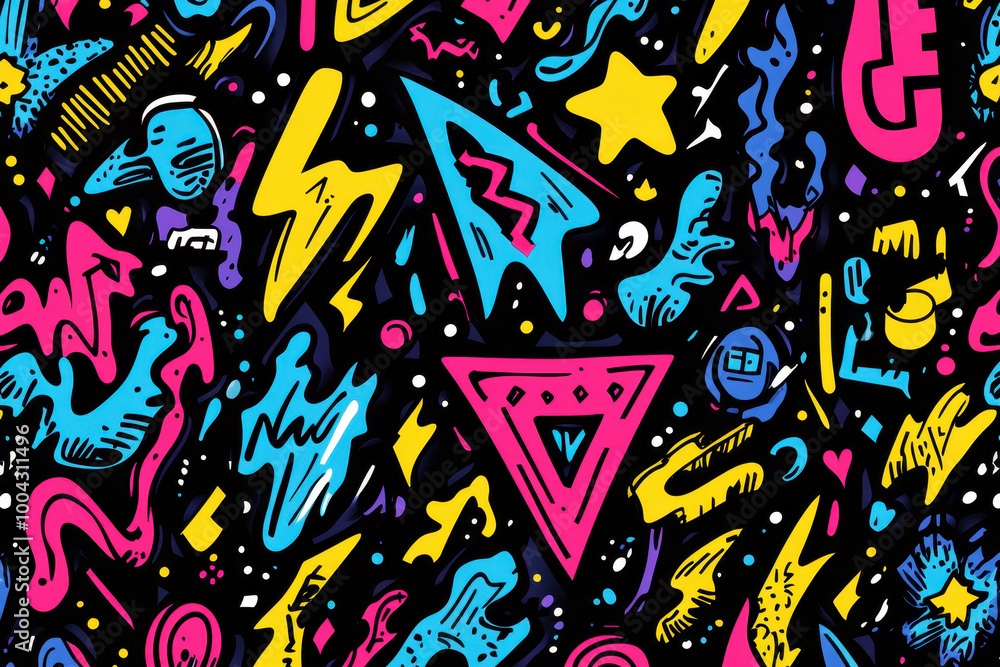 Retro neon background with bold abstract shapes and vibrant patterns Retro neon background with bold abstract shapes and vibrant patterns
