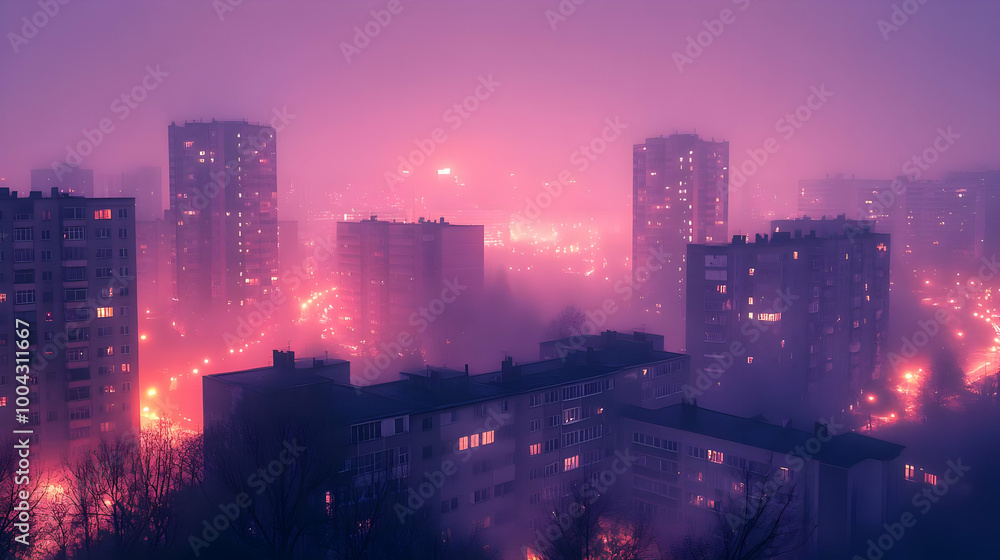 Obraz premium Cityscape at Night with Fog and Pink Lights