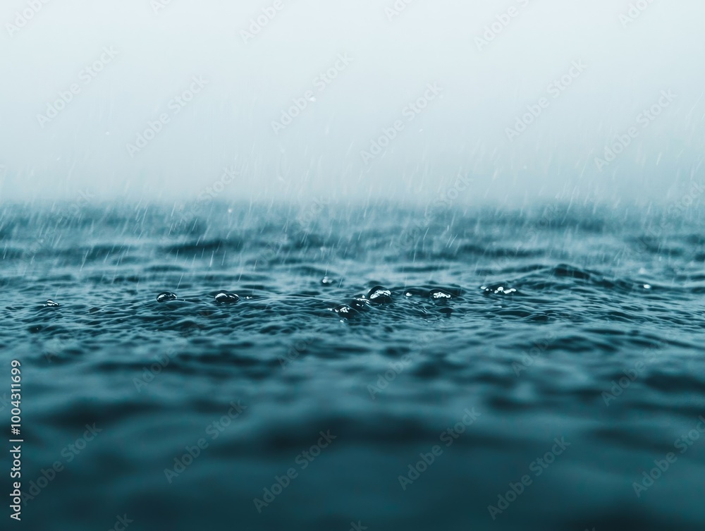 Close-up of rain falling on calm water surface, soft ripples and droplets visible.