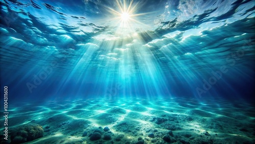 Mysterious ocean depths shrouded in mist with shafts of light filtering through the water