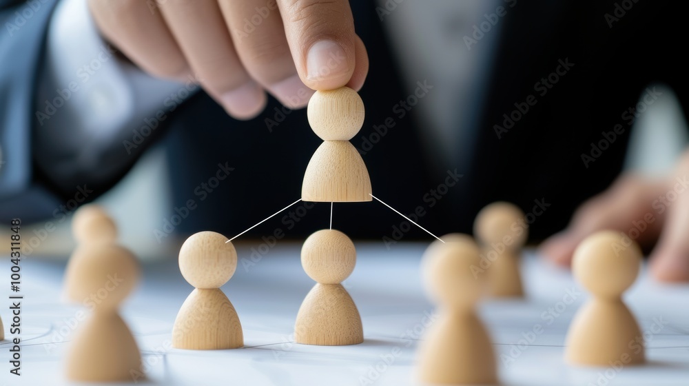 Obraz premium Wooden figures representing a decentralized organizational structure. A visual metaphor for distributed leadership and team management in business administration