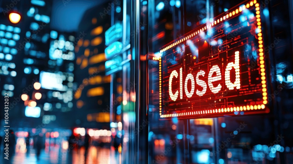 A digital Closed message glows on an LED display at the entrance of a modern tech store, signaling its temporary closure to customers in a sleek and high-tech environment. A digital Closed message glows on an LED display at the entrance of a modern tech store, signaling its temporary closure to customers in a sleek and high-tech environment.