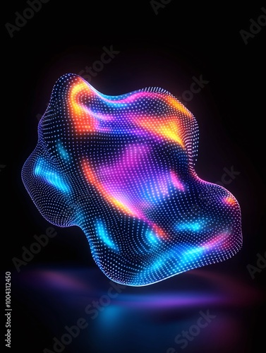 Vibrant abstract shape with glowing colors on a black background, perfect for modern design applications. A minimalist poster in metallic and chrome gradient style.