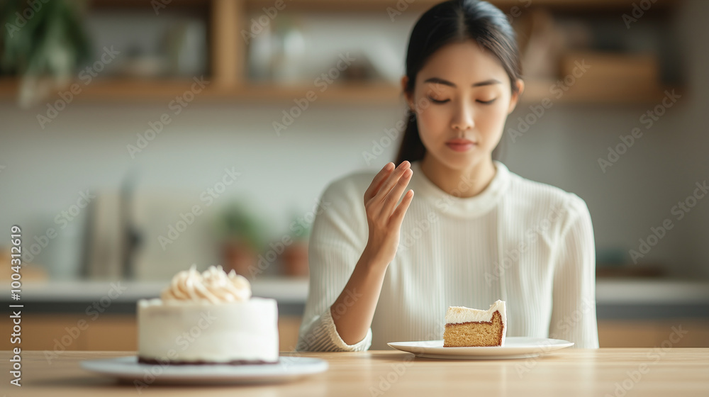 An Asian woman gently declines dessert, using her hand to push a tempting cake aside while managing her diet and cravings. photo An Asian woman gently declines dessert, using her hand to push a tempting cake aside while managing her diet and cravings. photo