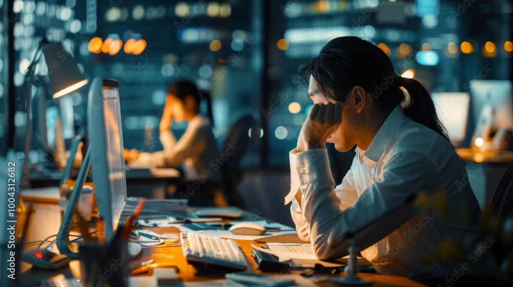 A focused office worker is seen in dimly lit workspace, surrounded by computer screens and paperwork, reflecting sense of concentration and determination A focused office worker is seen in dimly lit workspace, surrounded by computer screens and paperwork, reflecting sense of concentration and determination