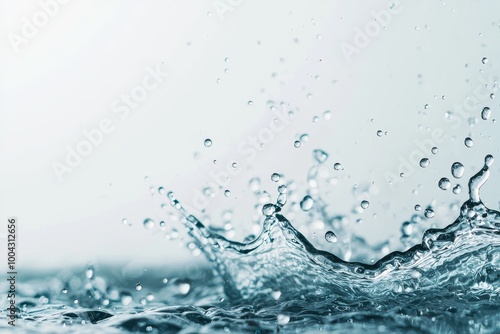 Water splash with droplets on a soft blue background.