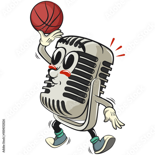 vintage microphone cartoon character mascot retro vector design playing basketbal, work of hand drawn