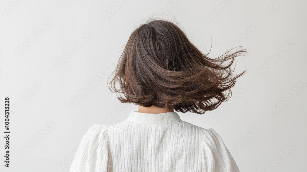 A woman with flowing hair is captured from behind, showcasing her stylish bob haircut. soft, light colored blouse adds elegance to serene atmosphere A woman with flowing hair is captured from behind, showcasing her stylish bob haircut. soft, light colored blouse adds elegance to serene atmosphere
