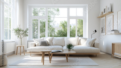 A bright and airy living room featuring modern sofa, wooden furniture, and large windows that offer view of greenery outside. space exudes calm and inviting atmosphere