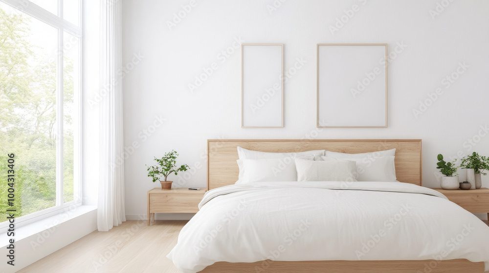 A serene bedroom featuring large bed with white bedding, wooden furniture, and natural light streaming through large windows. minimalist design creates calming atmosphere A serene bedroom featuring large bed with white bedding, wooden furniture, and natural light streaming through large windows. minimalist design creates calming atmosphere