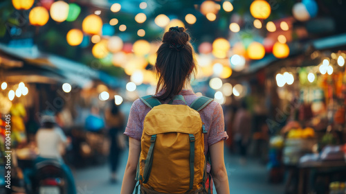 Exploring vibrant market filled with colorful lanterns, woman with yellow backpack enjoys lively atmosphere. scene captures essence of adventure and discovery