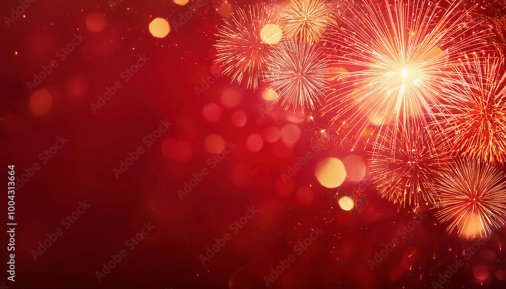 Fototapeta premium Happy New Year card on red background with fireworks and space for text. Chinese new year celebration