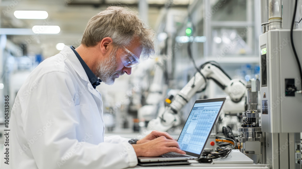A focused man in lab coat works intently on laptop in modern industrial setting, surrounded by robotic arms and advanced technology. His concentration reflects innovative spirit of environment A focused man in lab coat works intently on laptop in modern industrial setting, surrounded by robotic arms and advanced technology. His concentration reflects innovative spirit of environment