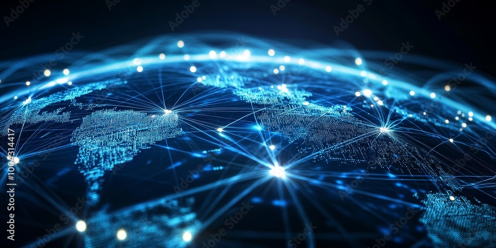 A telecommunication network infrastructure, emphasizing global connectivity, with a complex network of data flow and connections. A telecommunication network infrastructure, emphasizing global connectivity, with a complex network of data flow and connections.