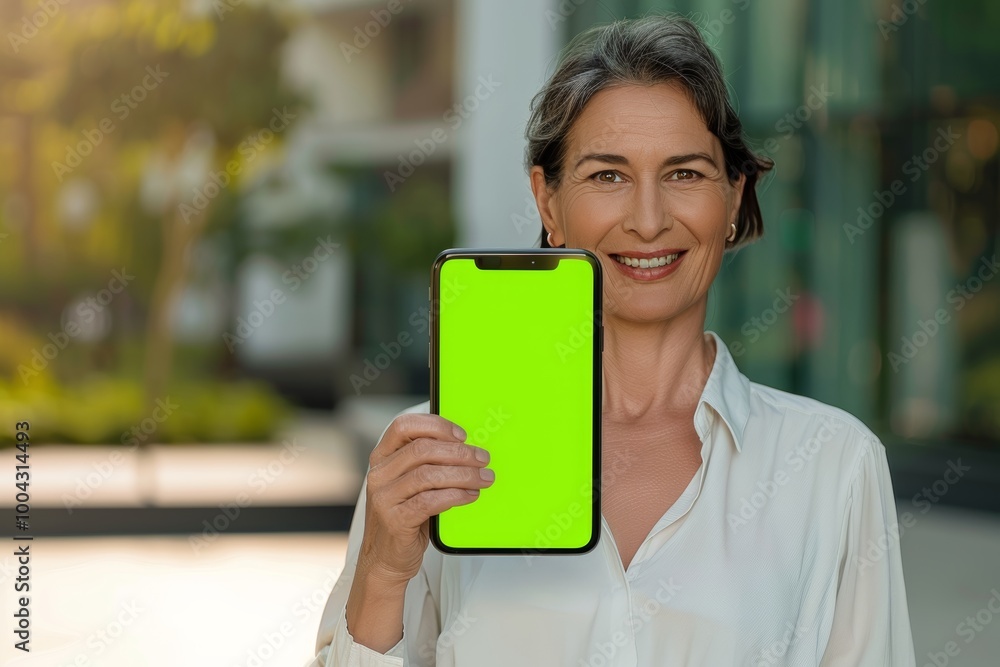 App mockup caucasian woman in her 40s holding an smartphone with a fully green screen App mockup caucasian woman in her 40s holding an smartphone with a fully green screen