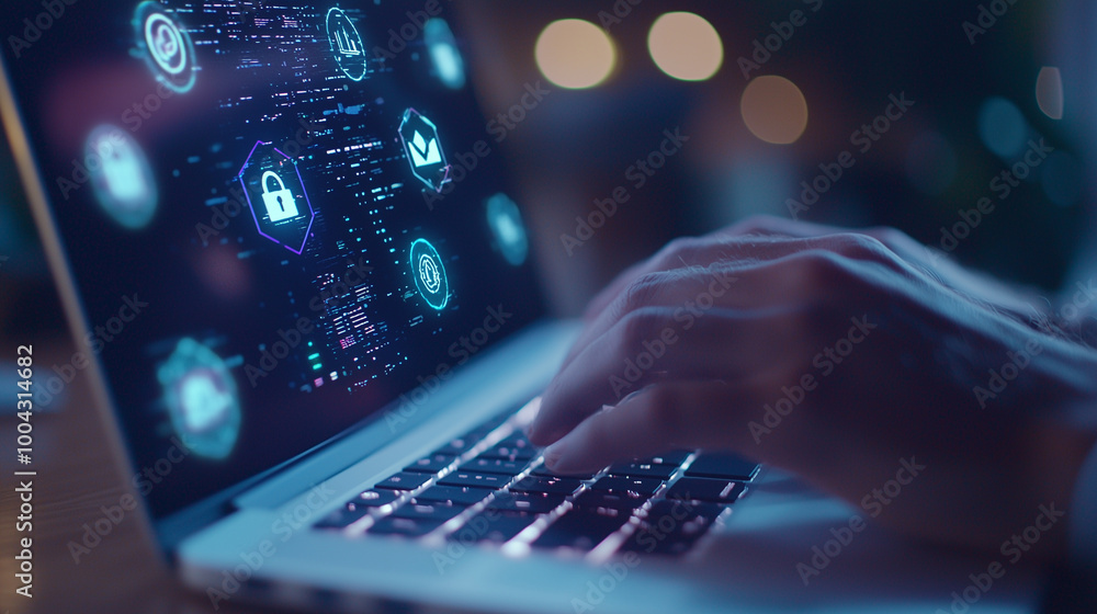 A person typing on a laptop, with holographic financial icons and a glowing risk warning sign overlaying the screen, symbolizing digital finance and caution. photo A person typing on a laptop, with holographic financial icons and a glowing risk warning sign overlaying the screen, symbolizing digital finance and caution. photo
