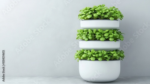 A white planter with three levels of plants in it photo