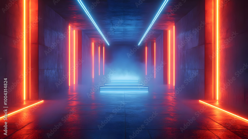 Neon Lights Corridor with Platforms 3D Render Neon Lights Corridor with Platforms 3D Render