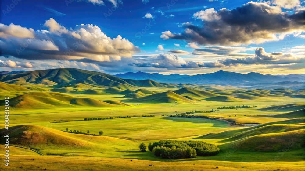Obraz premium Majestic Mongolian Landscape with Rolling Hills, Grasslands, and a Clear Blue Sky in the Horizon