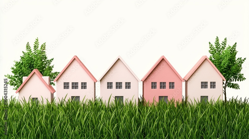 A row of small pink houses are lined up in a field of grass A row of small pink houses are lined up in a field of grass