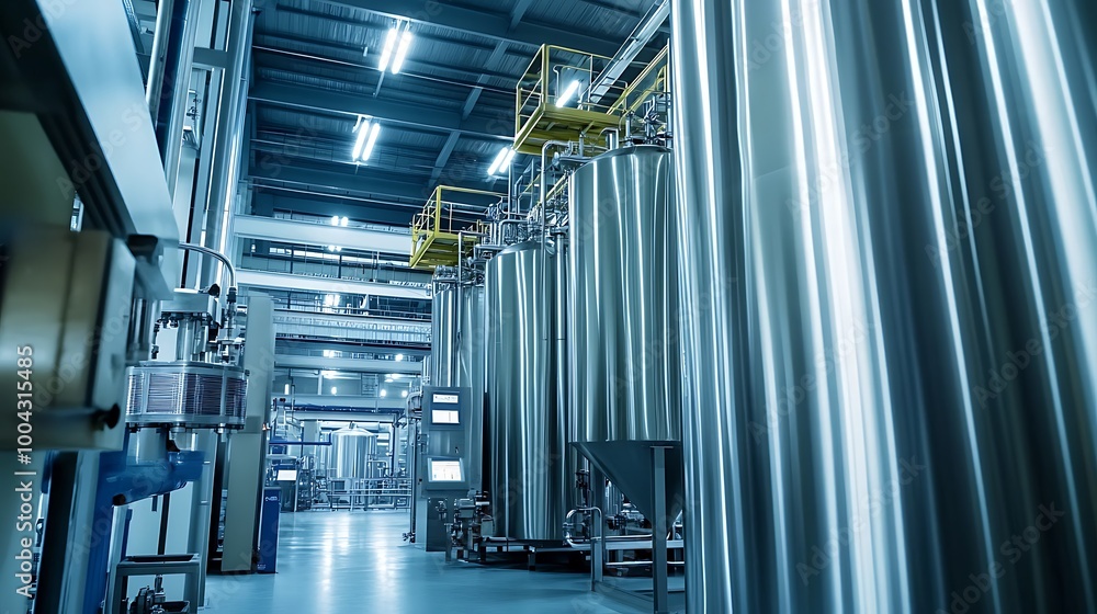 Fototapeta premium Industrial Interior with Large Stainless Steel Tanks