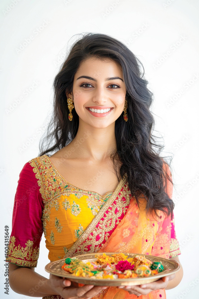 young indian woman holding pooja thali on white background young indian woman holding pooja thali on white background