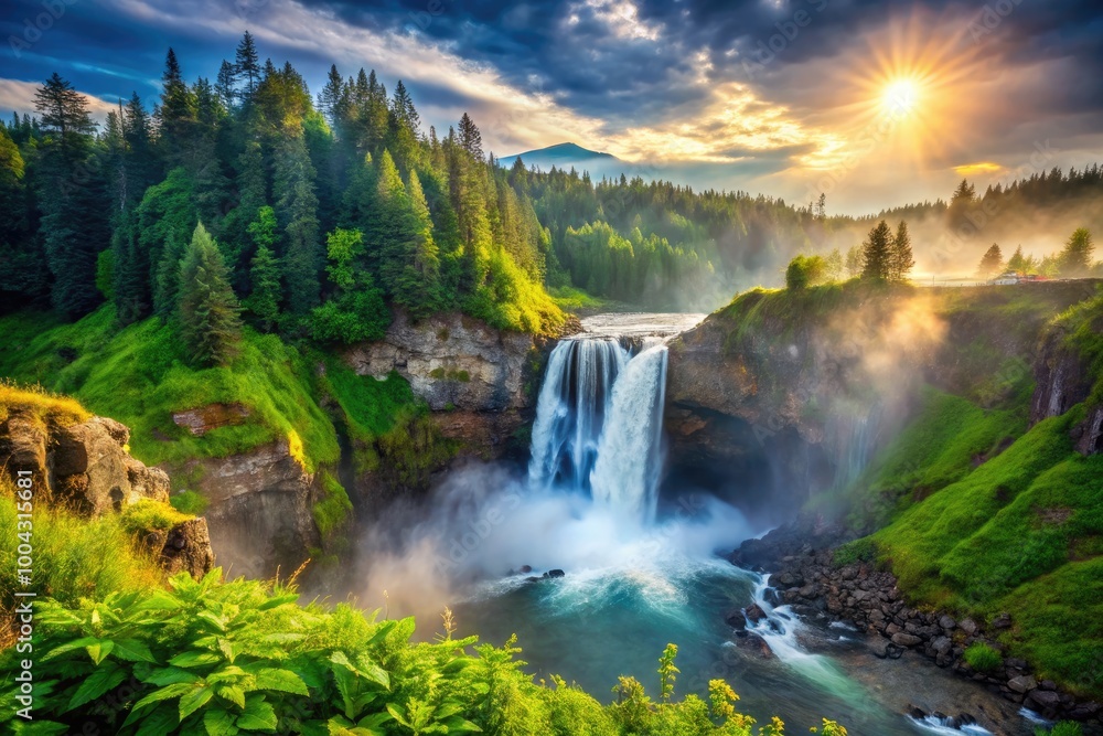 Fototapeta premium Majestic Snoqualmie Falls Cascading Through Lush Greenery and Mist in Washington State, USA