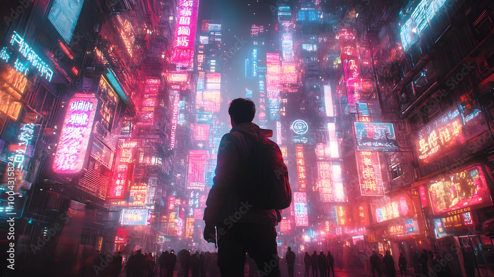 A lone figure stands in a cyberpunk city, surrounded by towering buildings and vibrant neon lights, looking up at the night sky with a sense of wonder and awe. A lone figure stands in a cyberpunk city, surrounded by towering buildings and vibrant neon lights, looking up at the night sky with a sense of wonder and awe.